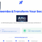 Banner for BeemBo AI marketing agency with logo and contact information displayed prominently.